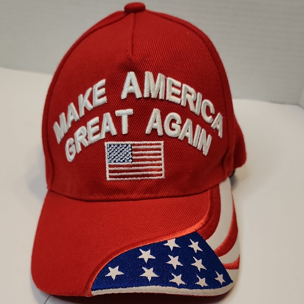 Make America Great Again Red Embroidered Baseball Cap With Flag On Front